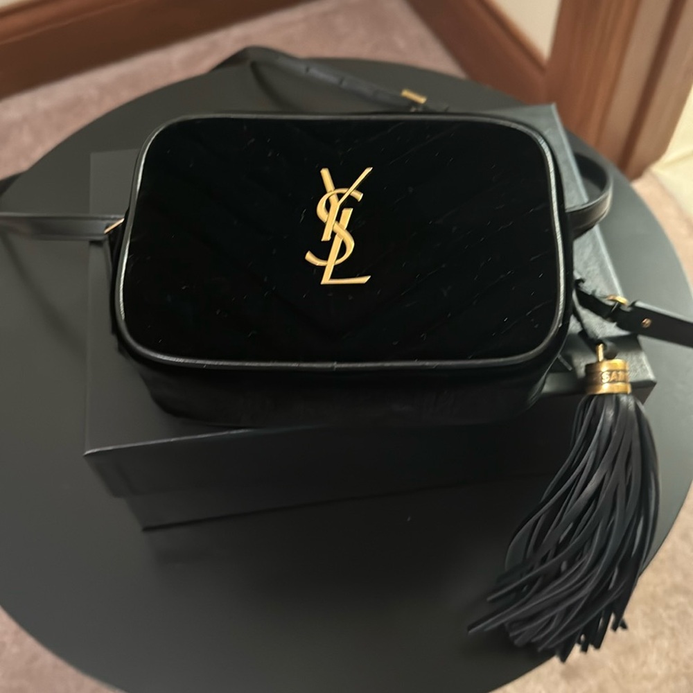 YSL Saint Laurent Black Velvet Monogrammed Vitello Piumotto Belt Bag Black